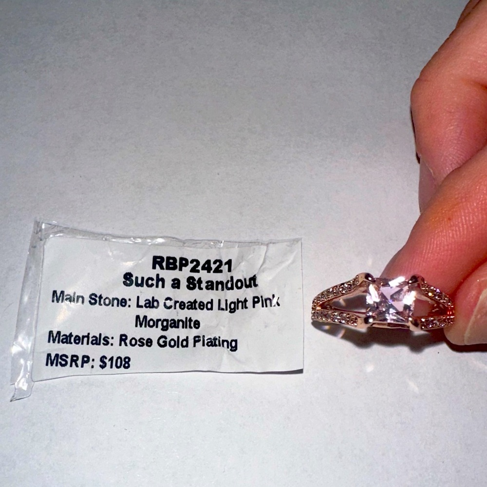 Bomb Party ring Lab Created Light pink Morganite on rose gold plating sz 5 💕